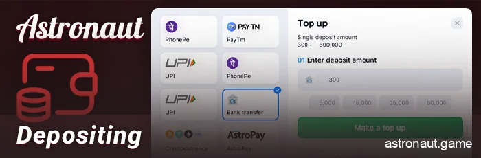 The process of replenishing your account at an online casino for playing Astronaut