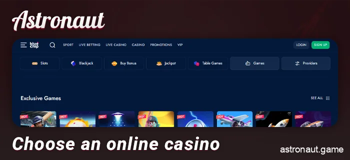 Visit the online casino website with the Astronaut crash game